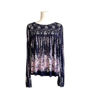 Living Doll Top Blue Pink Floral Lace Long Sleeve Boho Blouse Top Size Large NEW